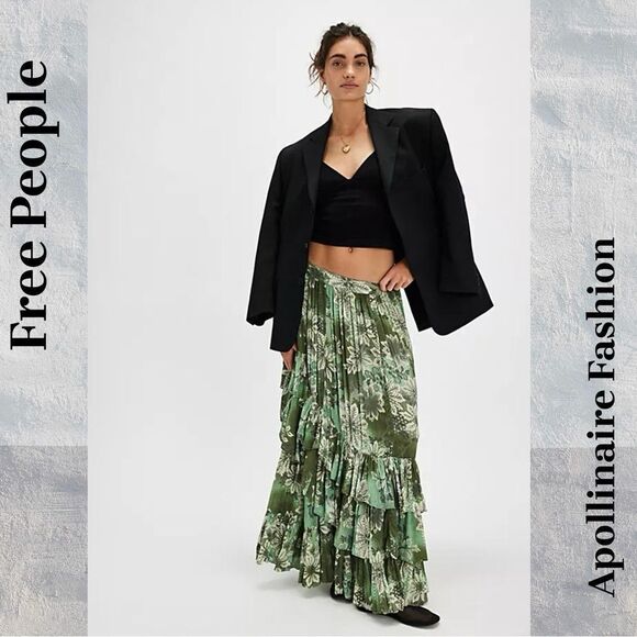 FREE PEOPLE MARIETTA MAXI SKIRT IN GREEN COMBO NEW - Picture 1 of 7
